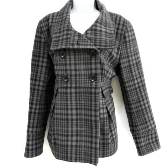 WooL Old Navy Peacoat Plaid Double Breasted PoCKeTS WooL Blend Grey Lined Retro - Picture 2 of 9